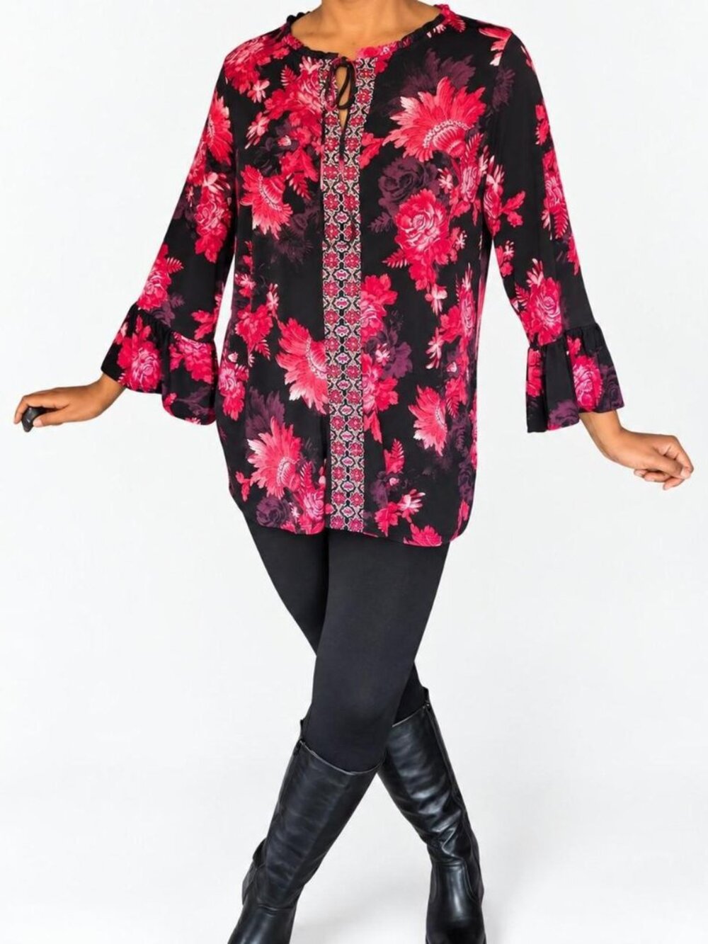 JM Collection Black & Red Floral Boho Tunic Blouse Size 1X